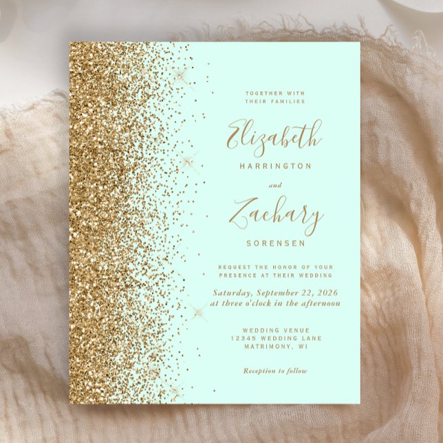 Convite de Casamento com Brilho Dourado Verde Ment (Criador carregado)