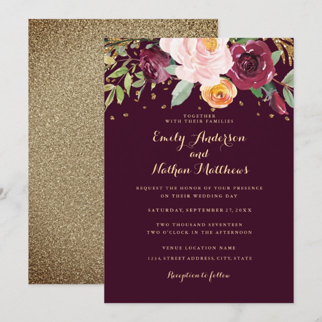 Convite de Casamento com Brilho Floral Dourado Bor (Frente/Verso)