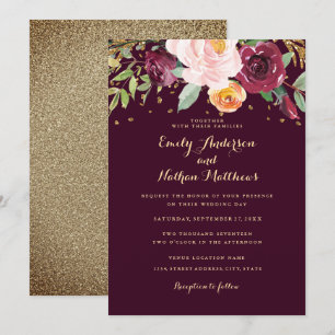 Convite de Casamento com Brilho Floral Dourado Bor