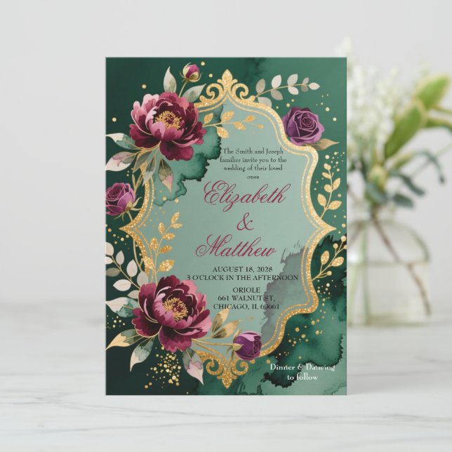 Convite de Casamento com Brilho Floral Esmeralda B (Em pé/Frente)