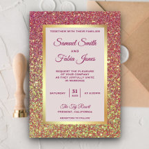 Convite de Casamento com Brilho Rosa e Folha de Ou