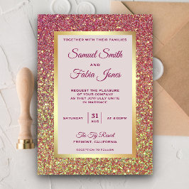 Convite de Casamento com Brilho Rosa e Folha de Ou