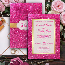 Convite de Casamento com Brilho Rosa Quente e Folh