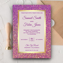 Convite de Casamento com Brilho Roxo e Folha Doura