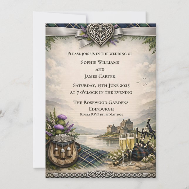 Convite de Casamento com Broche Celta de Gaita Esc (Frente)