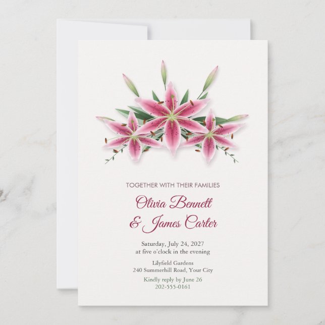 Convite de Casamento com Buquê de Lírios Pink Star (Frente)