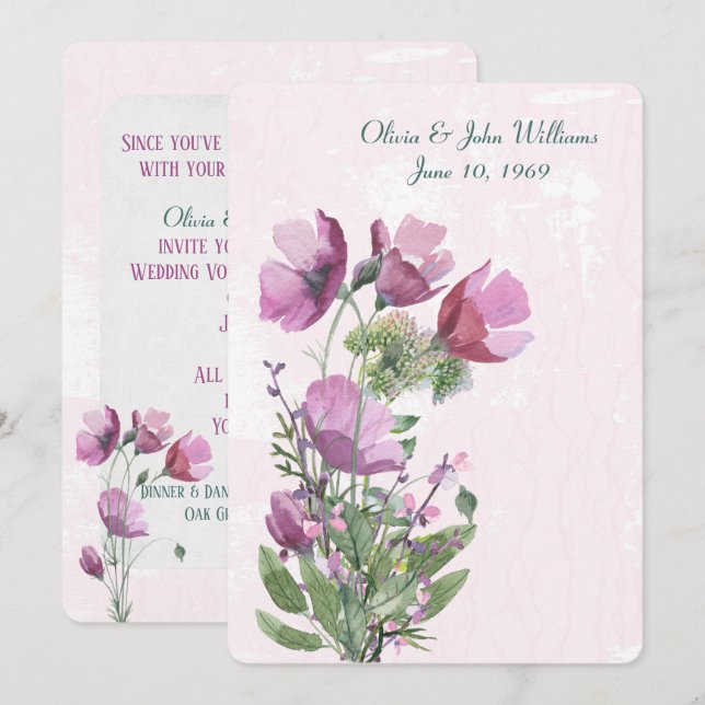 convite de casamento com buquê de papoula rosa (Frente/Verso)