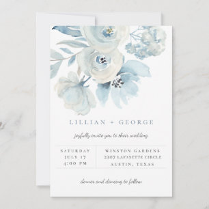 Convite de Casamento com Buquê Floral Azul Arejado