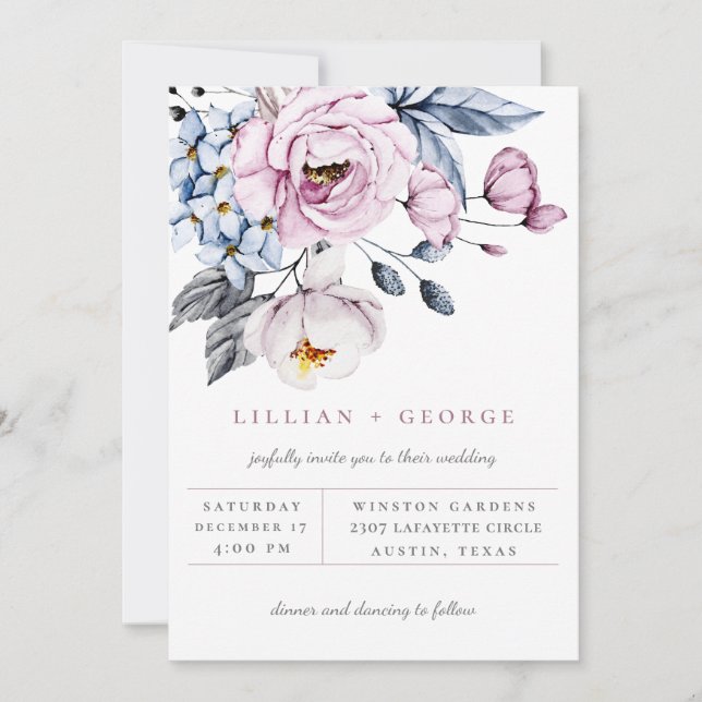 Convite de Casamento com Buquê Floral Azul Empoeir (Frente)