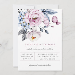 Convite de Casamento com Buquê Floral Azul Empoeir