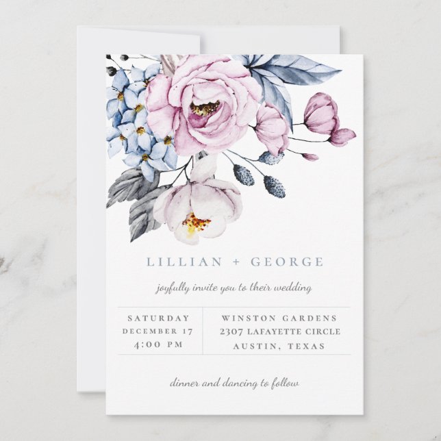 Convite de Casamento com Buquê Floral Azul Poeira  (Frente)