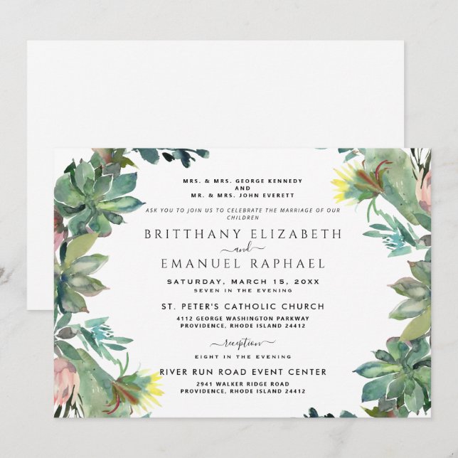 Convite de Casamento com Cactus e Ambos os Pais Li (Frente/Verso)