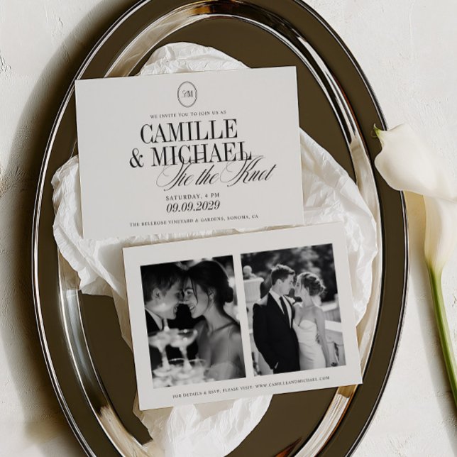 Convite de Casamento com Caligrafia Elegante 2 Fot (Modern Monogram Tie The Knot 2 Photo Wedding Invitation)