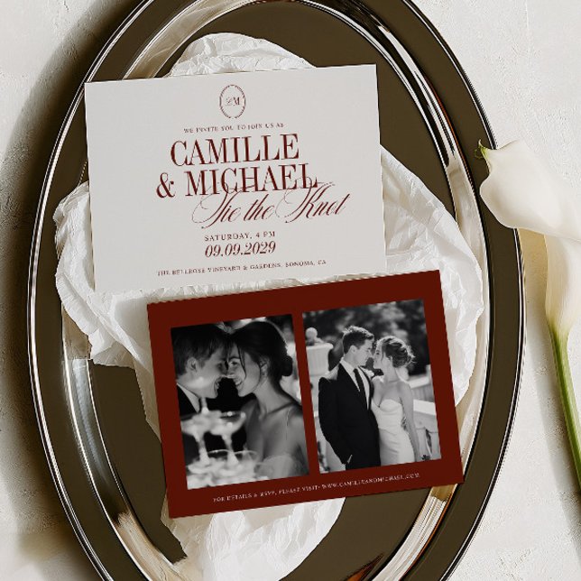 Convite de Casamento com Caligrafia Elegante 2 Fot (Elegant Calligraphy Tie The Knot 2 Photo Wedding Invitation)