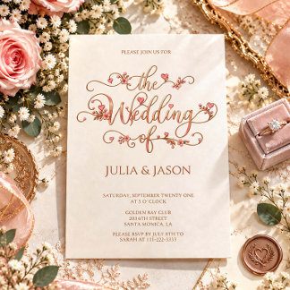 Convite de Casamento com Caligrafia Floral em Rose