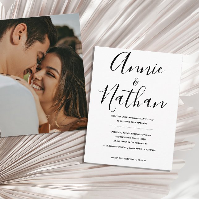 Convite de Casamento com Caligrafia Minimalista Pr (Modern Script Wedding Invitation with Photo Back | Minimal Black & White Calligraphy Invite)