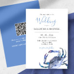 Convite de Casamento com Caranguejo Aquarela de Có<br><div class="desc">Economize no papel e dinheiro com este convite de casamento sustentável com o código QR. Um design de praia, esse convite de casamento apresenta ambas tipografia caligráfica com uma fonte clássica de sans. Uma maca inferior apresenta um caranguejo aquoso em tons de azul. O cartão reverte para o seu código...</div>