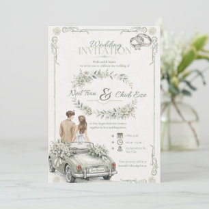Convite de Casamento com Carro Antigo em Aquarela