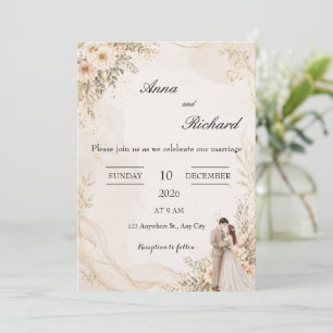 Convite de Casamento com Casal Ilustrado e Flores