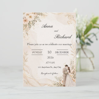 Convite de Casamento com Casal Ilustrado e Flores