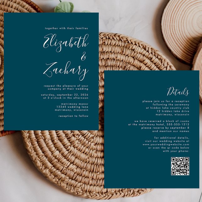 Convite de Casamento com Código QR Azul Teal Orçam (Criador carregado)