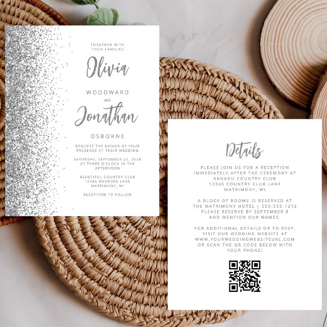 Convite de Casamento com Código QR Brilho Prata Br (Criador carregado)
