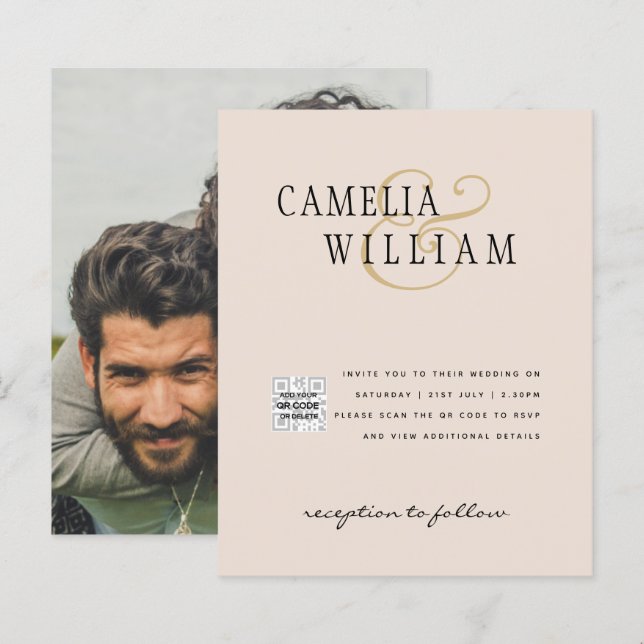 Convite de Casamento com Código QR Champagne Blush (Frente/Verso)