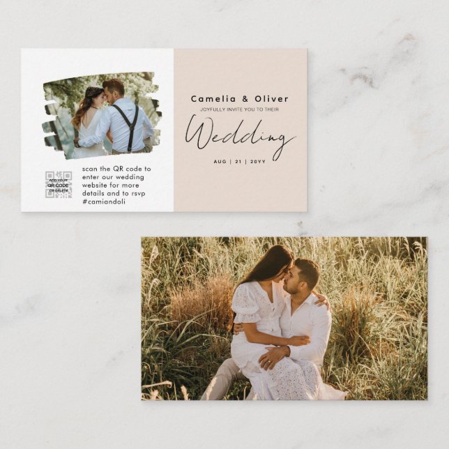 Convite de Casamento com Código QR Champagne Blush (Frente/Verso)