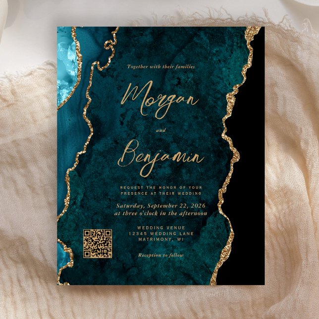 Convite de Casamento com Código QR de Ágata Azul T (Criador carregado)