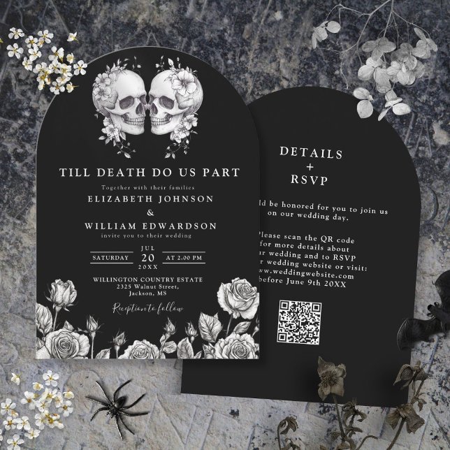 Convite de casamento com código QR de crânio gótic (All In One Till Death Gothic Skull QR Code Wedding Invitation)