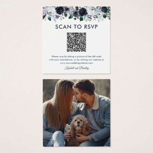 Convite de Casamento com Código QR de Floral Azul  (Frente & Verso)