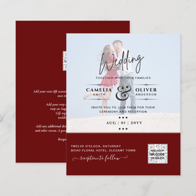 Convite de Casamento com Código QR de Foto Borgonh (Frente/Verso)