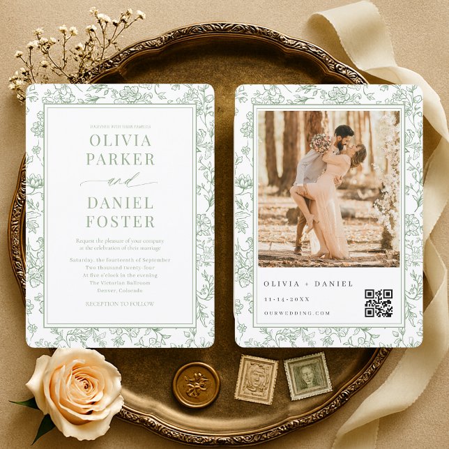 Convite de Casamento com Código QR de Foto Botânic (Criador carregado)