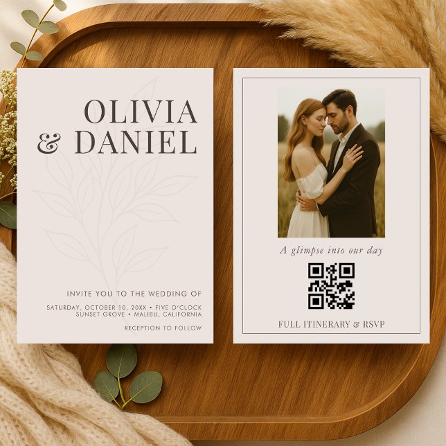 Convite de Casamento com Código QR de Foto Botânic (Criador carregado)