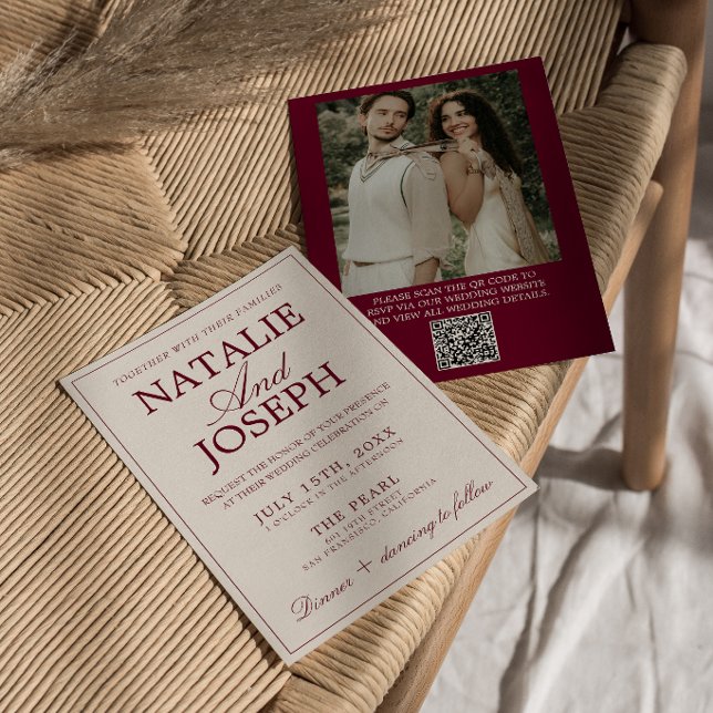 Convite de Casamento com Código QR de Foto em Crem (Criador carregado)
