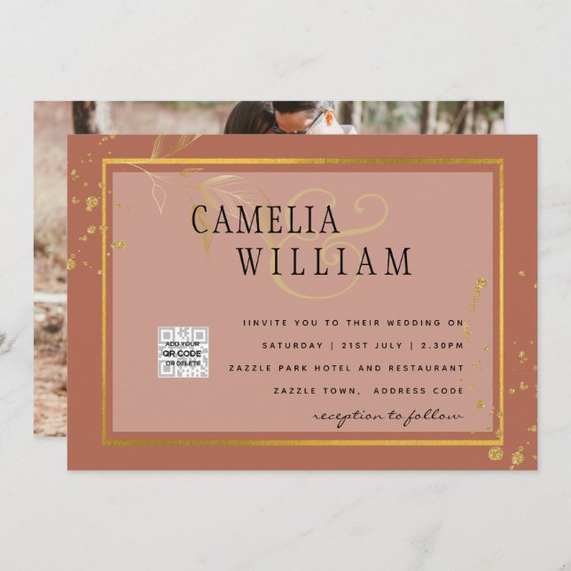 Convite de casamento com código QR de foto em terr (Frente/Verso)
