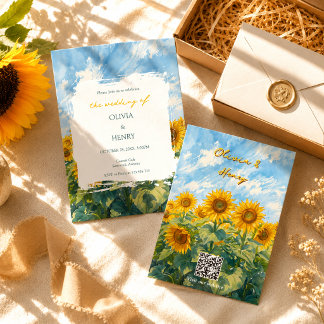 Convite de Casamento com Código QR de Girassóis In