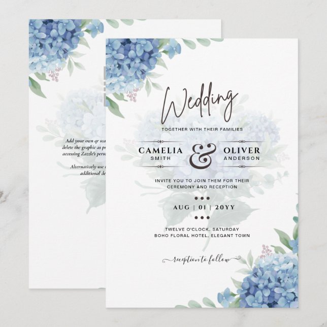 Convite de Casamento com Código QR de Hortênsia Az (Frente/Verso)
