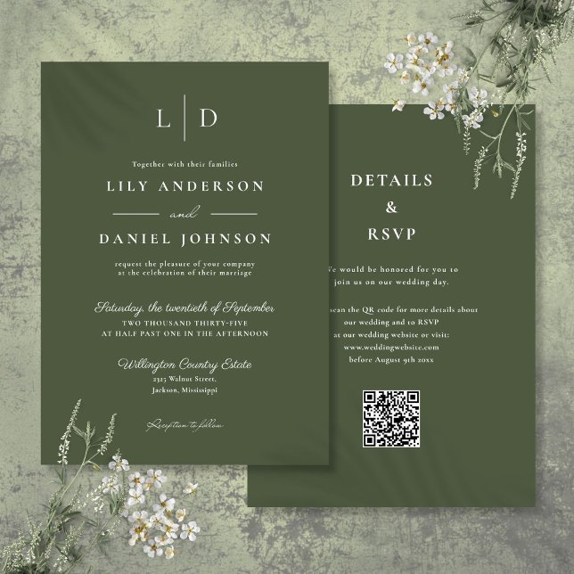 Convite de Casamento com Código QR de Monograma Mi (Olive Green Minimalist Monogram QR Code Wedding Invitation)
