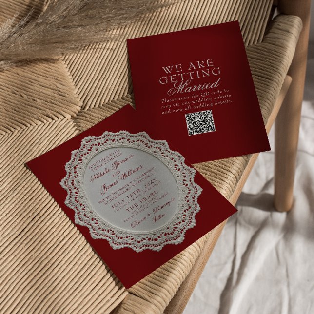 Convite de Casamento com Código QR de Renda Burgun (Criador carregado)