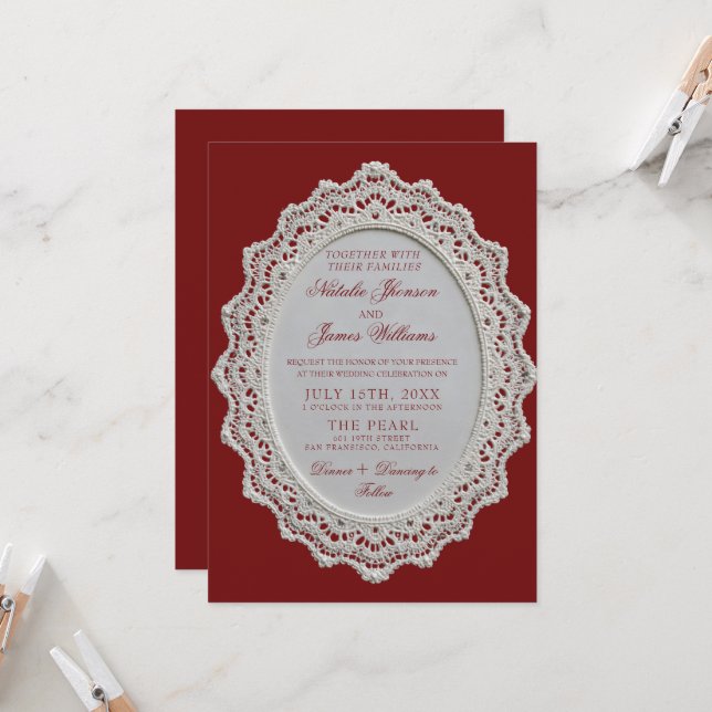 Convite de Casamento com Código QR de Renda Burgun (Frente/Verso In Situ)
