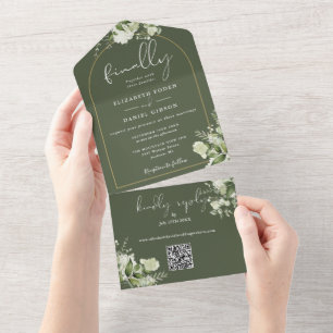 Convite de Casamento com Código QR de Verde Oliva