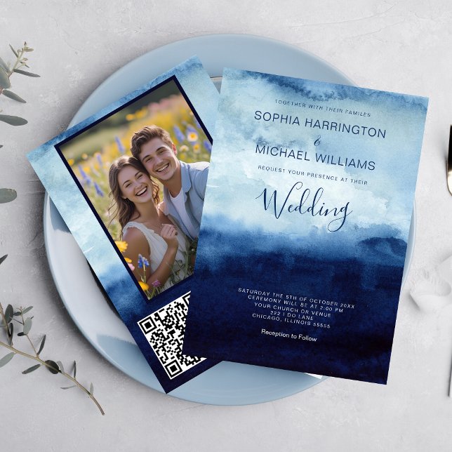 Convite de Casamento com Código QR em Aquarela Azu (Criador carregado)