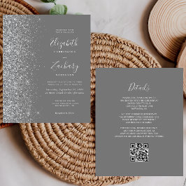 Convite de Casamento com Código QR em Cinza e Bril