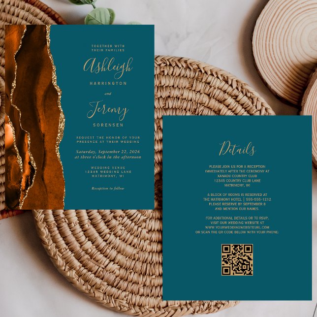 Convite de Casamento com Código QR em Dourado Teal (Criador carregado)