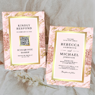Convite de casamento com código QR em mármore rosa