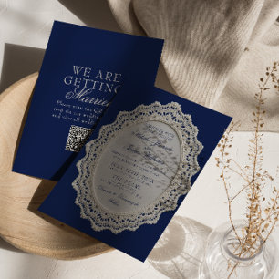 Convite de Casamento com Código QR em Renda Azul M