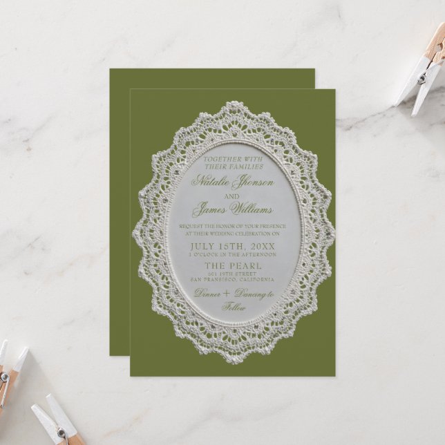 Convite de Casamento com Código QR em Renda Verde  (Frente/Verso In Situ)
