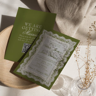 Convite de casamento com código QR em renda verde