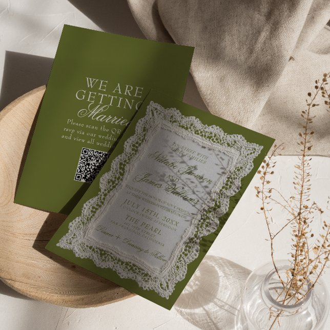 Convite de casamento com código QR em renda verde  (Criador carregado)